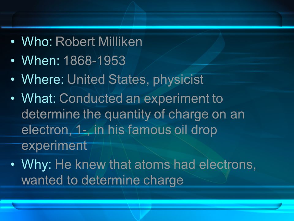 Who: Robert Milliken When: Where: United States, physicist.
