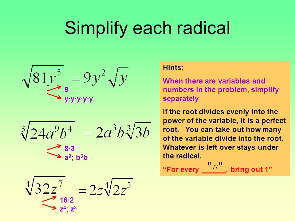 Simplify each radical Hints: