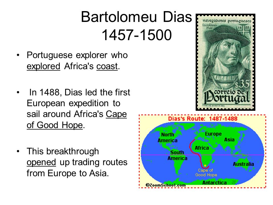 Bartolomeu Dias Portuguese explorer who explored Africa s coast.