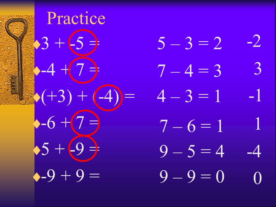 Practice = = (+3) + (-4) = = = = 5 – 3 = – 4 = 3.