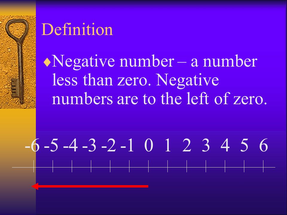 Definition Negative number – a number less than zero. Negative numbers are to the left of zero. -6.