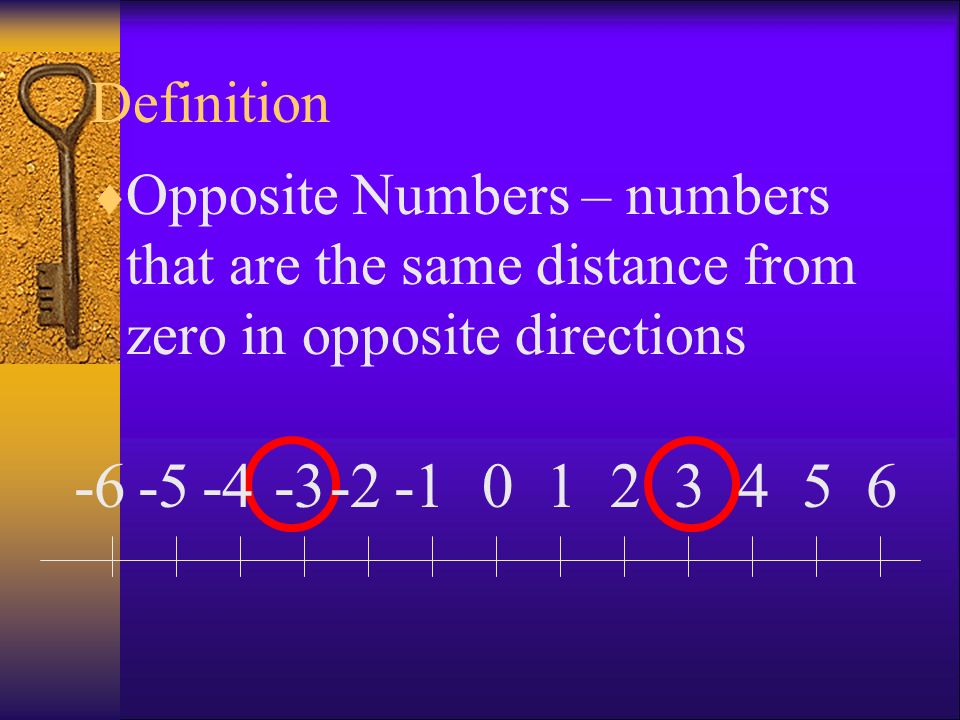 Definition Opposite Numbers – numbers that are the same distance from zero in opposite directions. -6.
