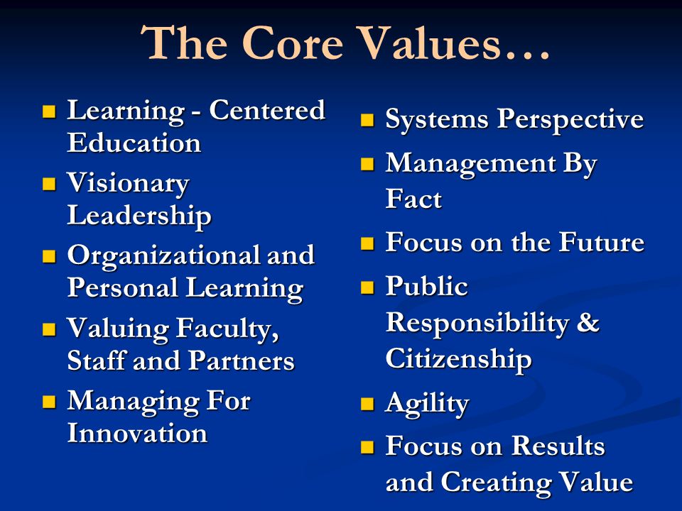 The Core Values… Learning - Centered Education Systems Perspective