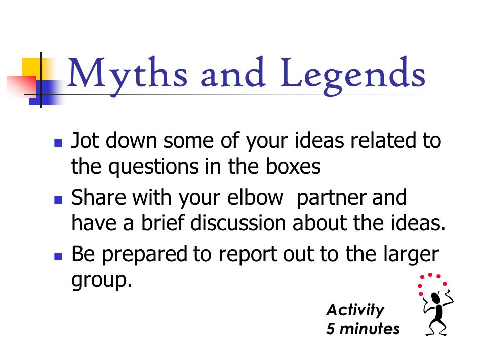 Myths and Legends Jot down some of your ideas related to the questions in the boxes.
