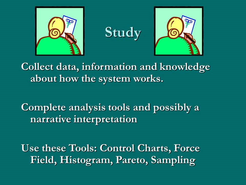 Study Collect data, information and knowledge about how the system works. Complete analysis tools and possibly a narrative interpretation.