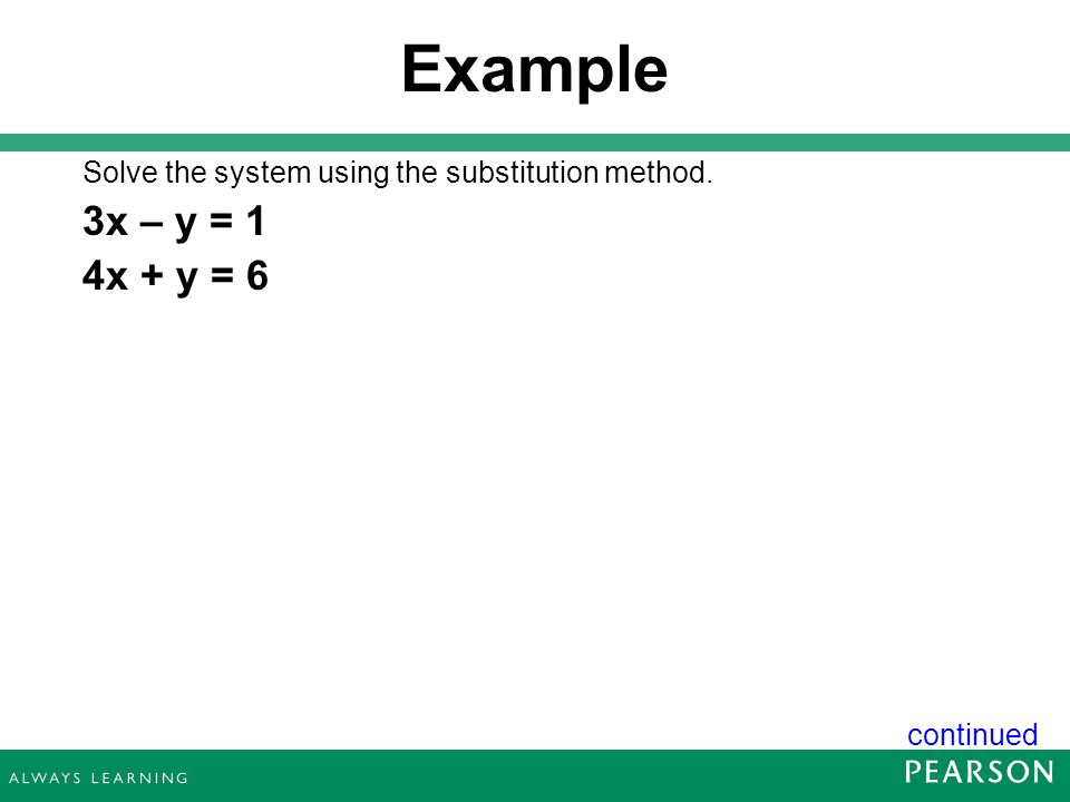 Example Solve the system using the substitution method. 3x – y = 1 4x + y = 6 continued 14