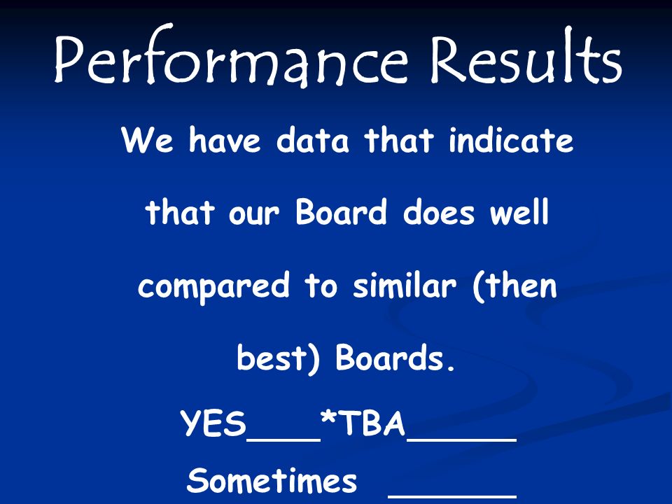 Performance Results We have data that indicate that our Board does well compared to similar (then best) Boards.