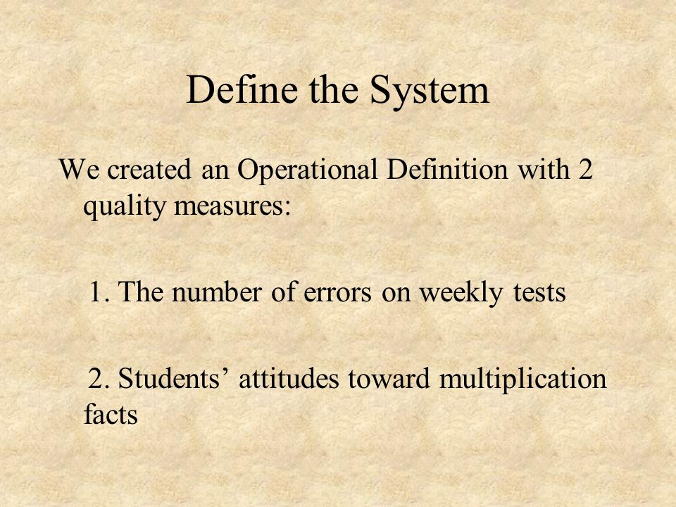 Define the System We created an Operational Definition with 2 quality measures: 1. The number of errors on weekly tests.