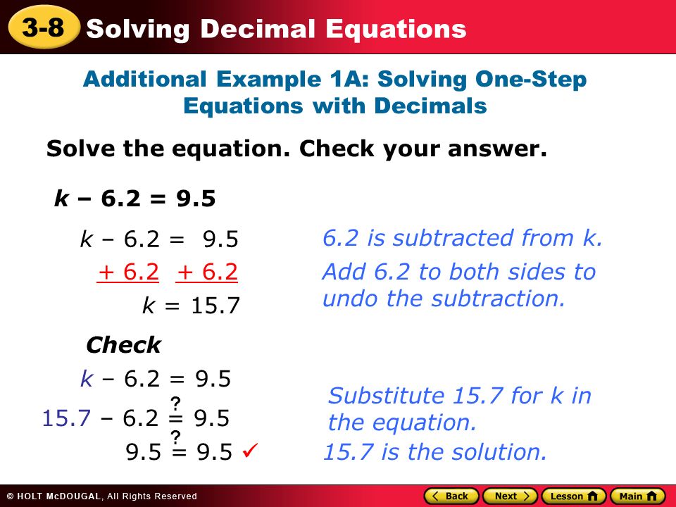 Additional Example 1A: Solving One-Step Equations with Decimals