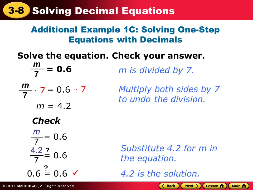 Additional Example 1C: Solving One-Step Equations with Decimals
