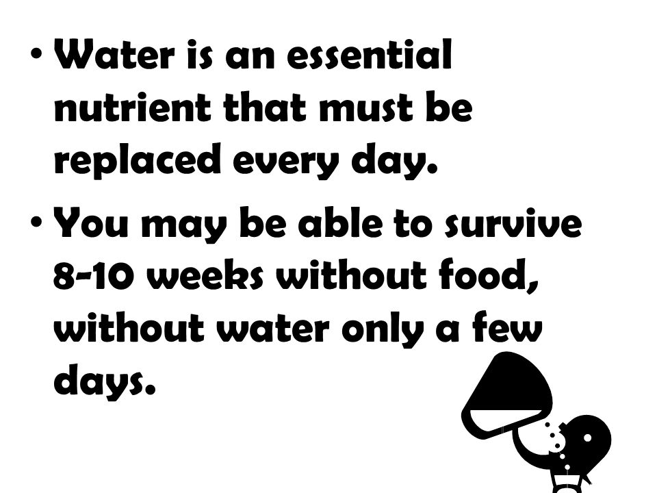 Water is an essential nutrient that must be replaced every day.