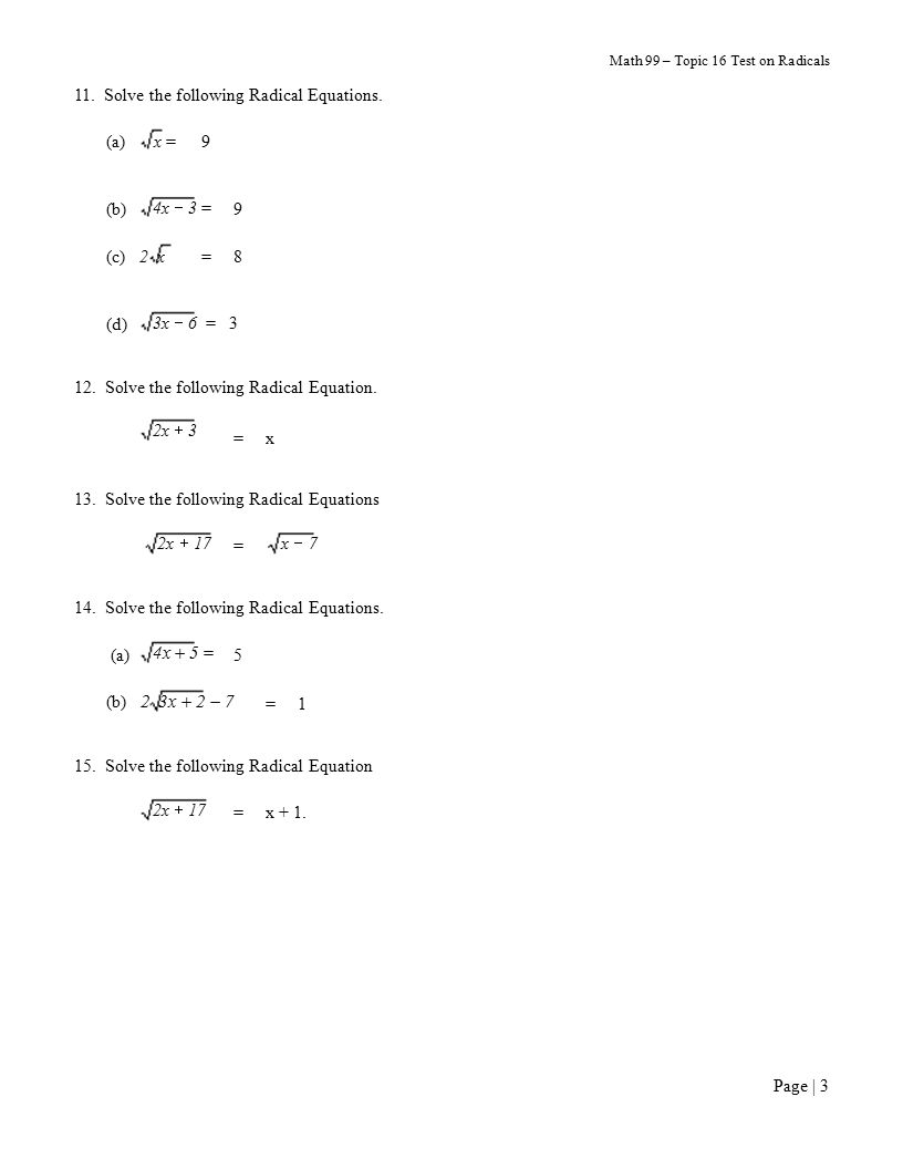 Math 99 – Topic 16 Test on Radicals
