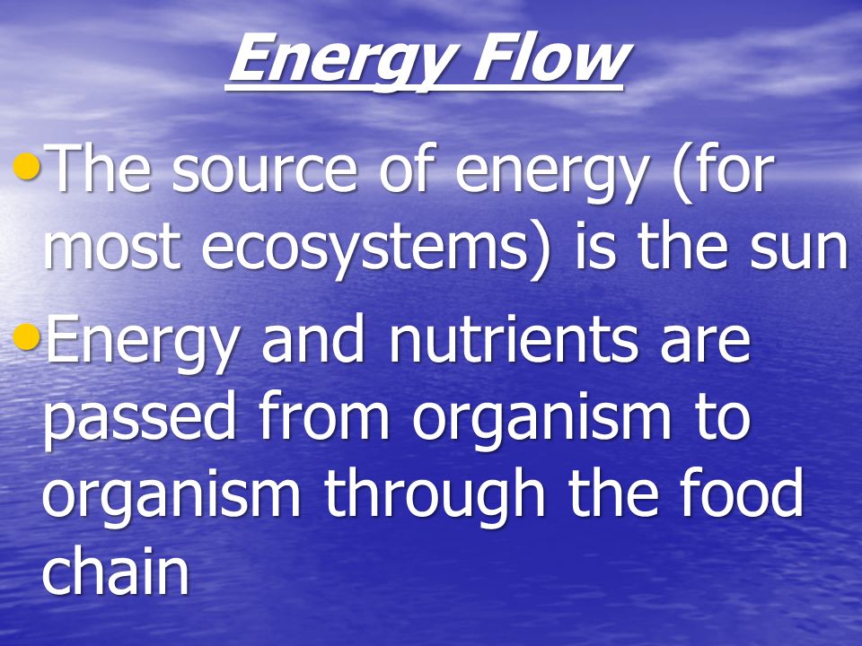 Energy Flow The source of energy (for most ecosystems) is the sun.