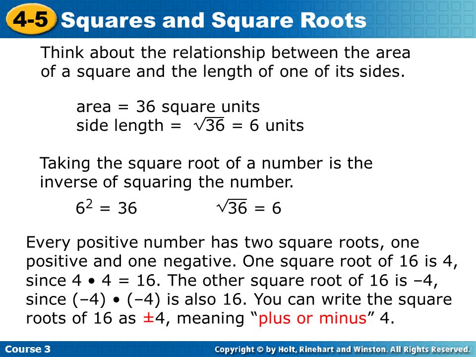 Think about the relationship between the area of a square and the length of one of its sides.