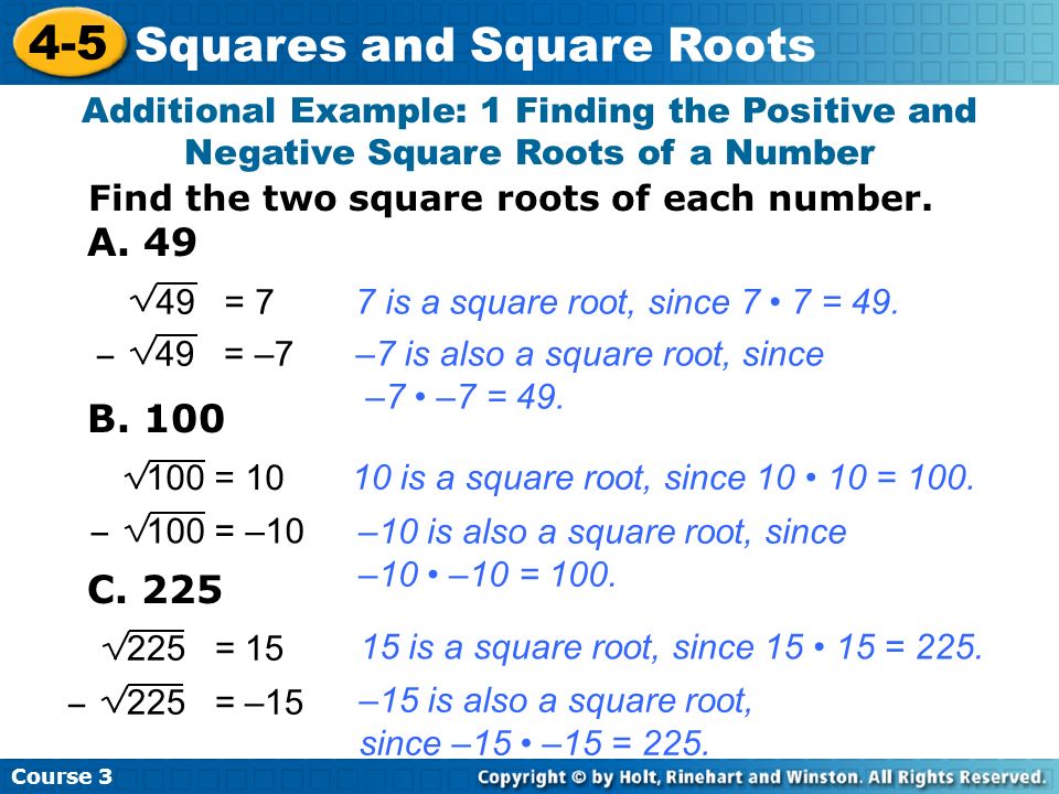 Additional Example: 1 Finding the Positive and Negative Square Roots of a Number