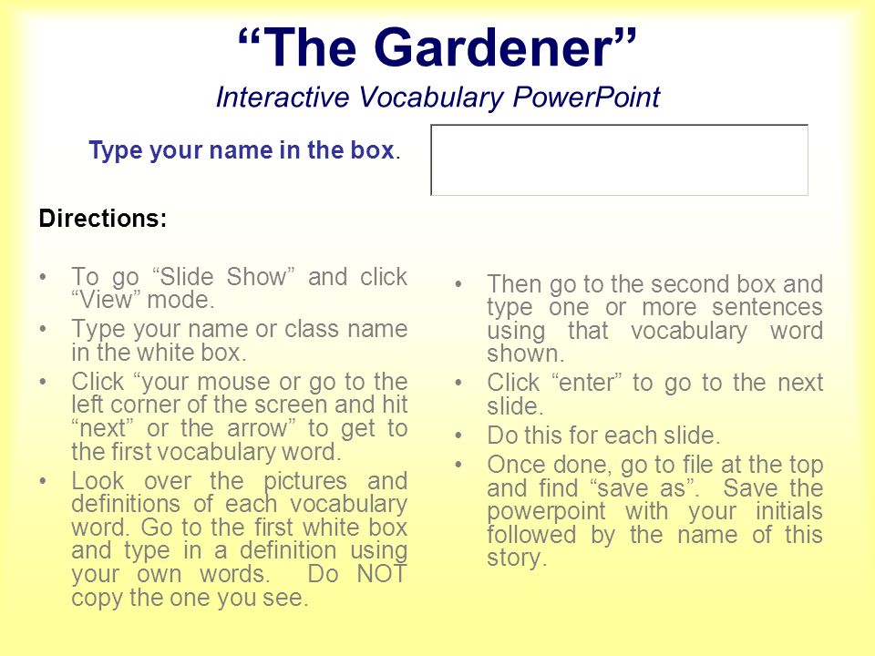 The Gardener Interactive Vocabulary PowerPoint
