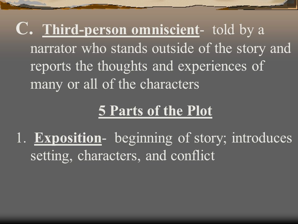 Third-person omniscient- told by a narrator who stands outside of the story and reports the thoughts and experiences of many or all of the characters