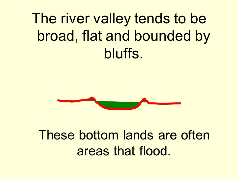 The river valley tends to be broad, flat and bounded by bluffs.