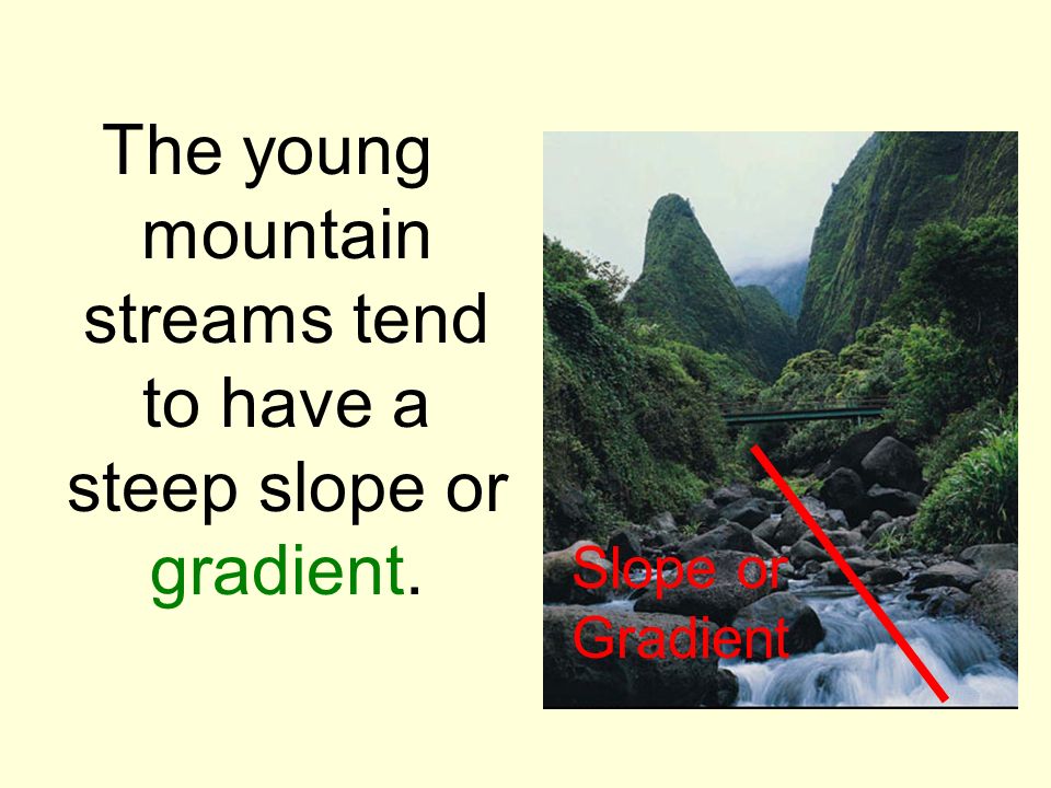 The young mountain streams tend to have a steep slope or gradient.