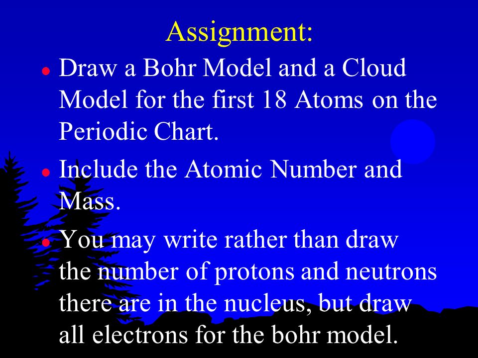 Assignment: Draw a Bohr Model and a Cloud Model for the first 18 Atoms on the Periodic Chart. Include the Atomic Number and Mass.