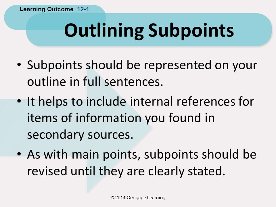 Learning Outcome 12-1 Outlining Subpoints. Subpoints should be represented on your outline in full sentences.