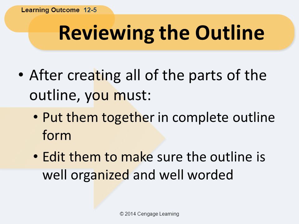Learning Outcome 12-5 Reviewing the Outline. After creating all of the parts of the outline, you must: