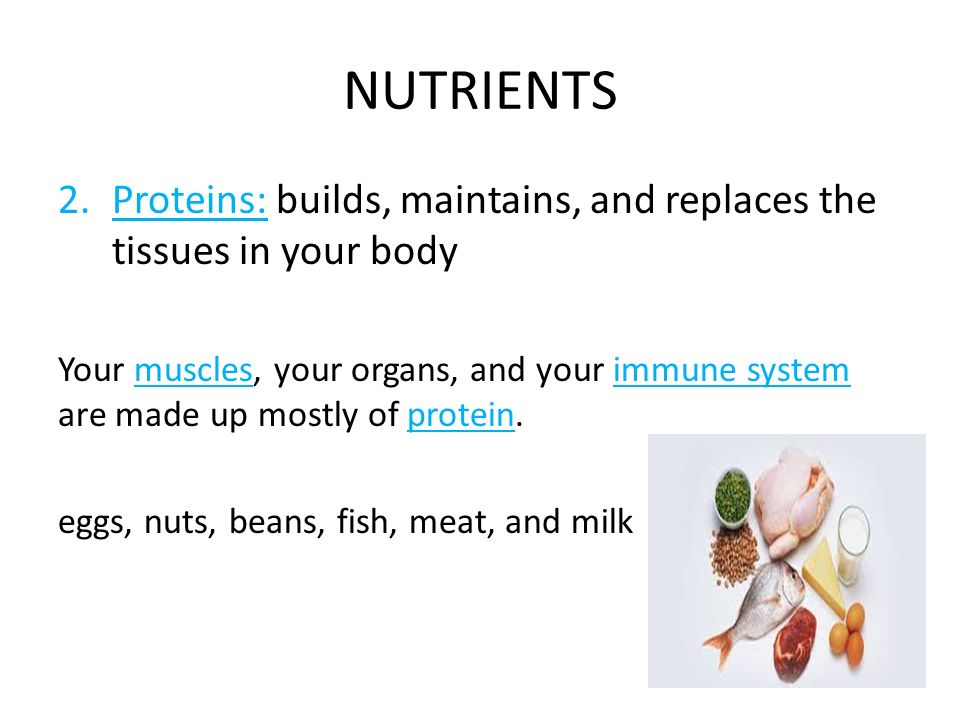 NUTRIENTS Proteins: builds, maintains, and replaces the tissues in your body.