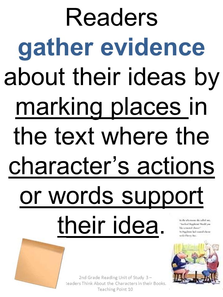 Readers gather evidence about their ideas by marking places in the text where the character’s actions or words support their idea.