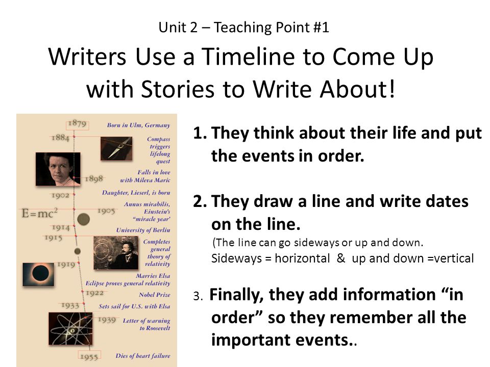 Unit 2 – Teaching Point #1 Writers Use a Timeline to Come Up with Stories to Write About!