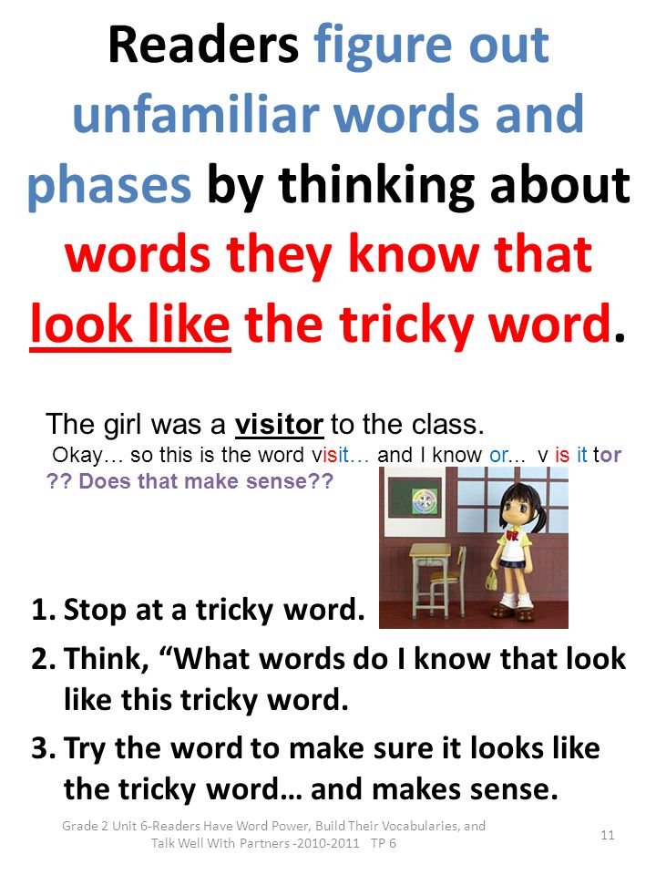 Readers figure out unfamiliar words and phases by thinking about words they know that look like the tricky word.