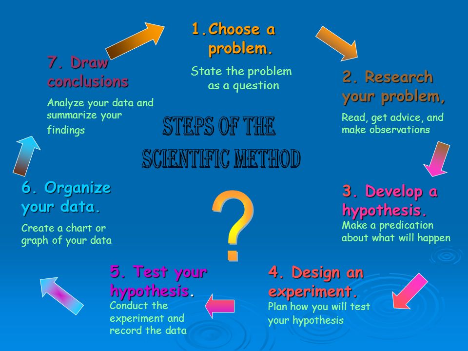 Steps of the Scientific Method Choose a problem. 7. Draw conclusions