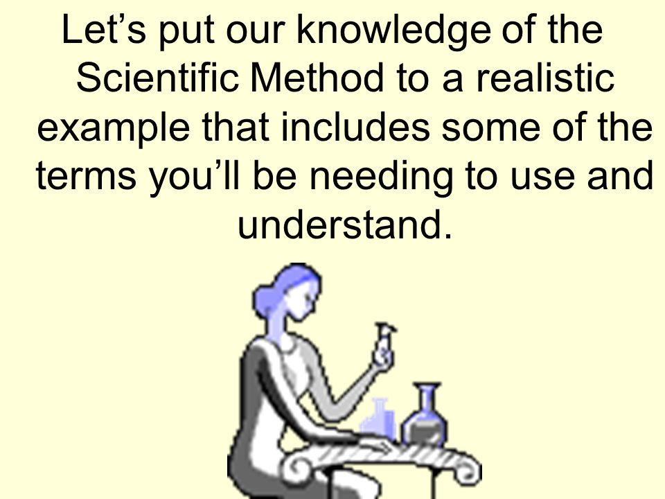 Let’s put our knowledge of the Scientific Method to a realistic example that includes some of the terms you’ll be needing to use and understand.