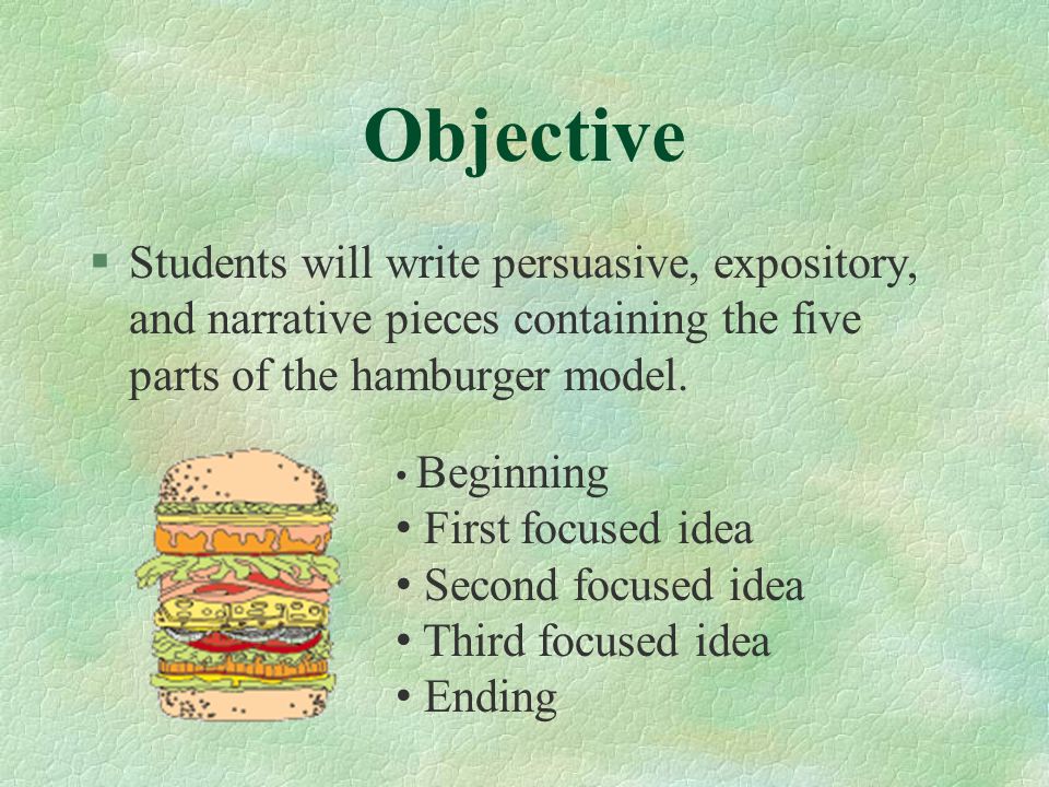 Objective Students will write persuasive, expository, and narrative pieces containing the five parts of the hamburger model.