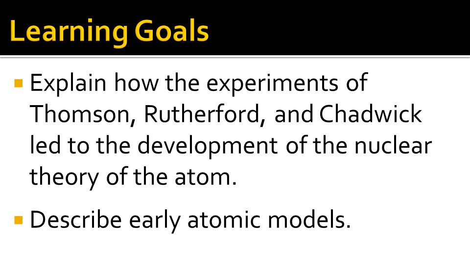 Learning Goals Explain how the experiments of Thomson, Rutherford, and Chadwick led to the development of the nuclear theory of the atom.