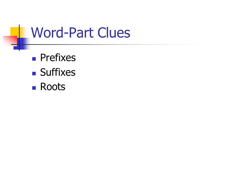 Word-Part Clues Prefixes Suffixes Roots