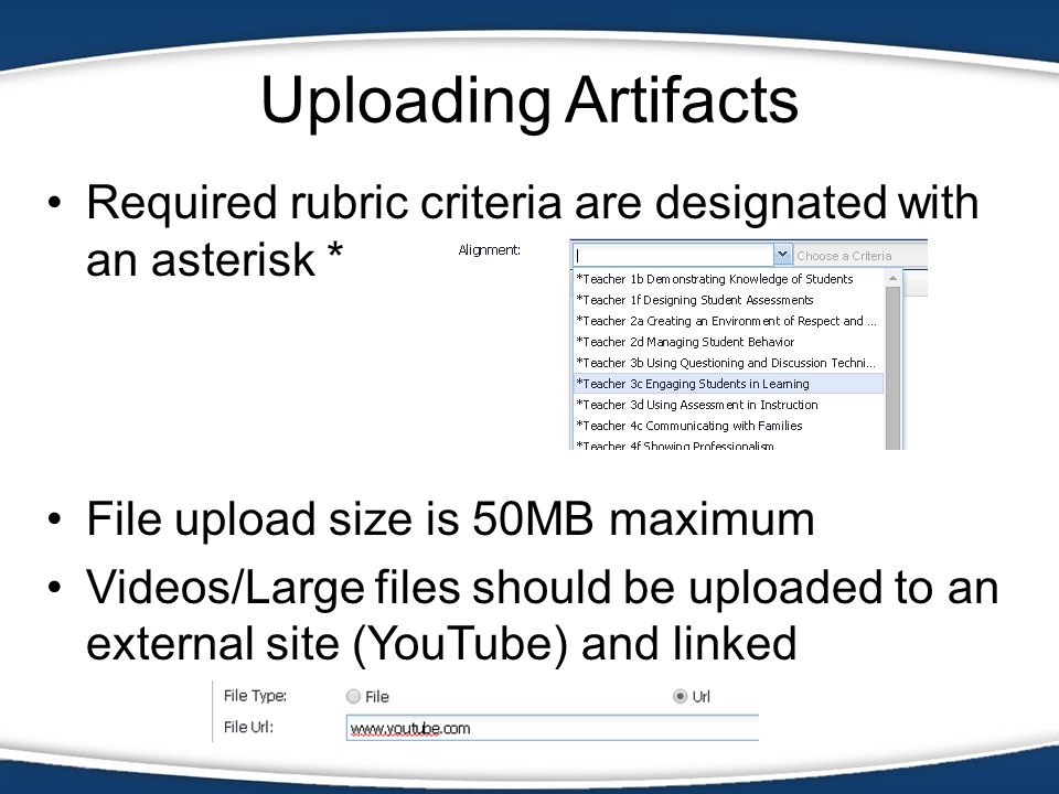 Uploading Artifacts Required rubric criteria are designated with an asterisk * File upload size is 50MB maximum.