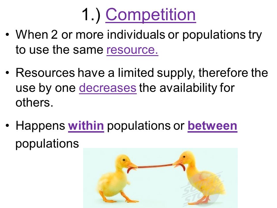 1.) Competition When 2 or more individuals or populations try to use the same resource.