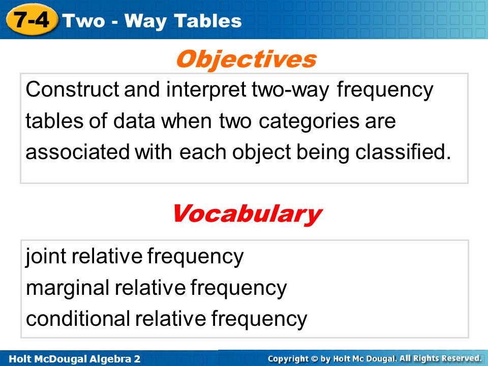 Objectives Vocabulary Construct and interpret two-way frequency