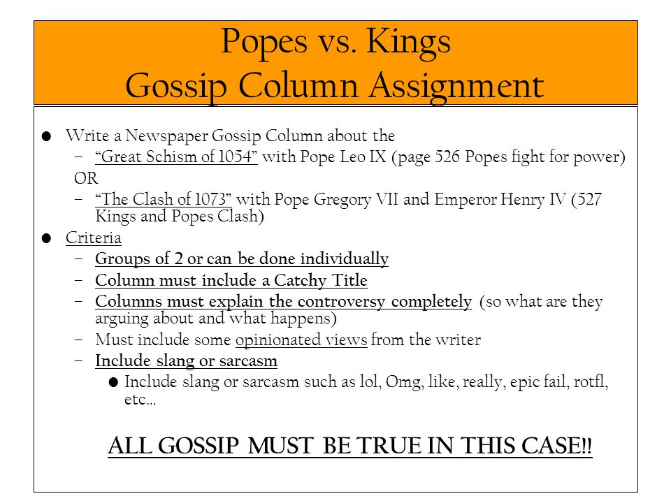 Popes vs. Kings Gossip Column Assignment