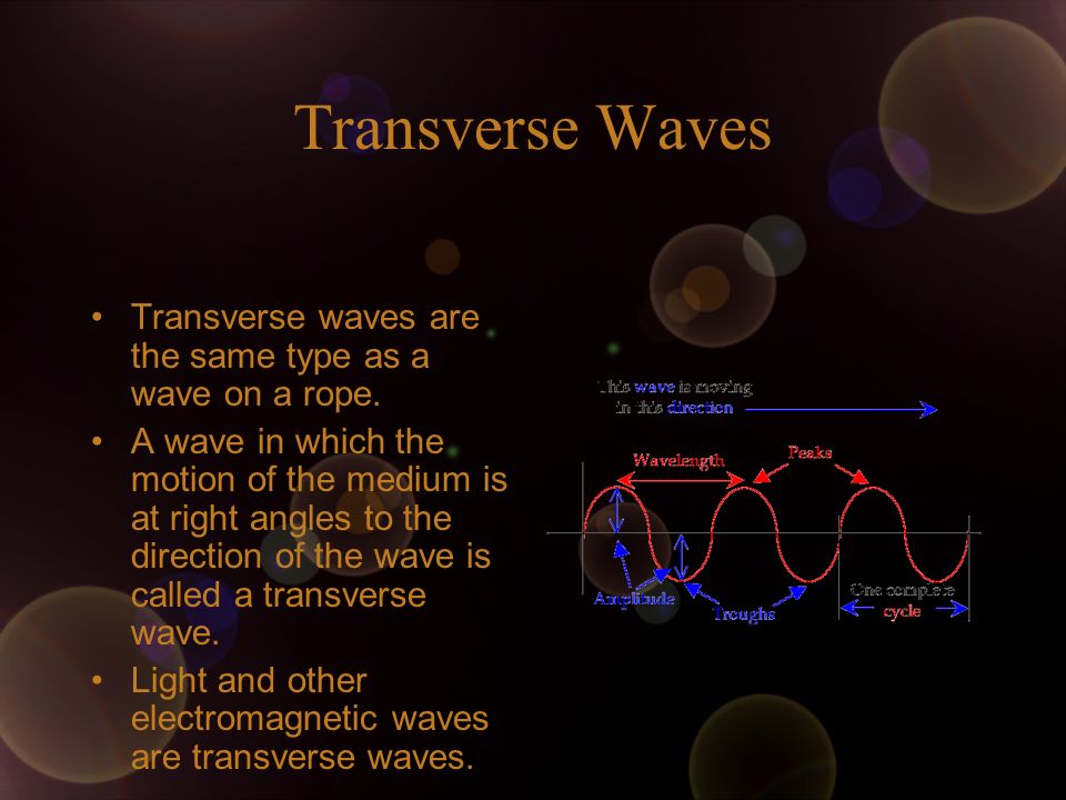 Transverse Waves Transverse waves are the same type as a wave on a rope.
