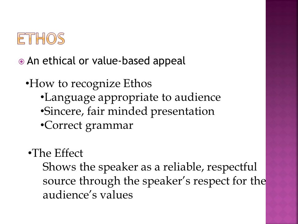 Ethos How to recognize Ethos Language appropriate to audience