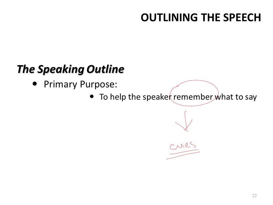 OUTLINING THE SPEECH The Speaking Outline Primary Purpose: