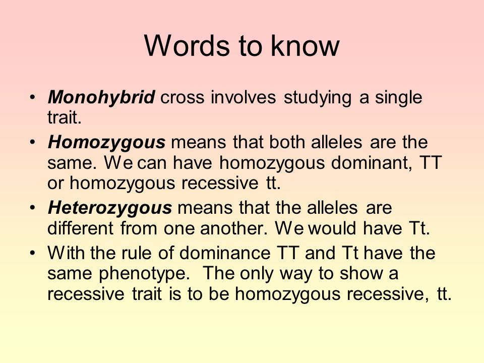 Words to know Monohybrid cross involves studying a single trait.