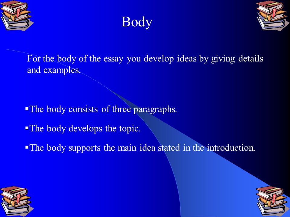 Body For the body of the essay you develop ideas by giving details and examples. The body consists of three paragraphs.