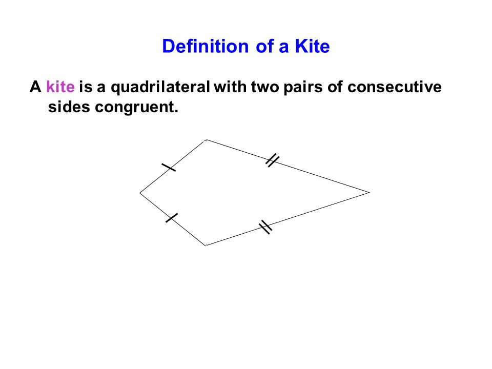 Definition of a Kite A kite is a quadrilateral with two pairs of consecutive sides congruent.