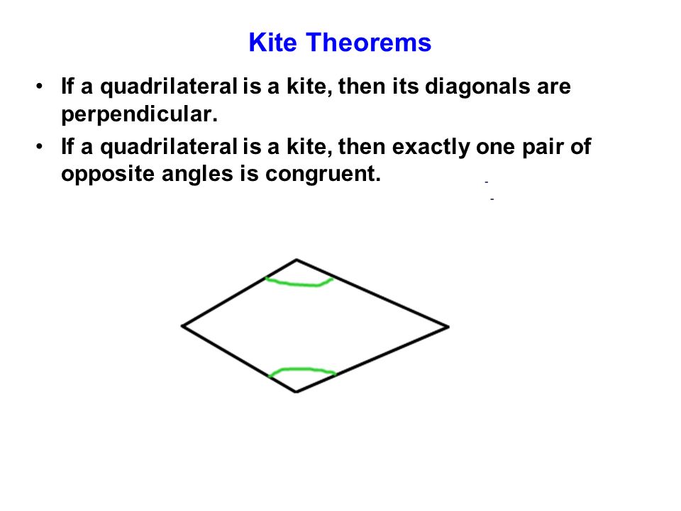 Kite Theorems If a quadrilateral is a kite, then its diagonals are perpendicular.