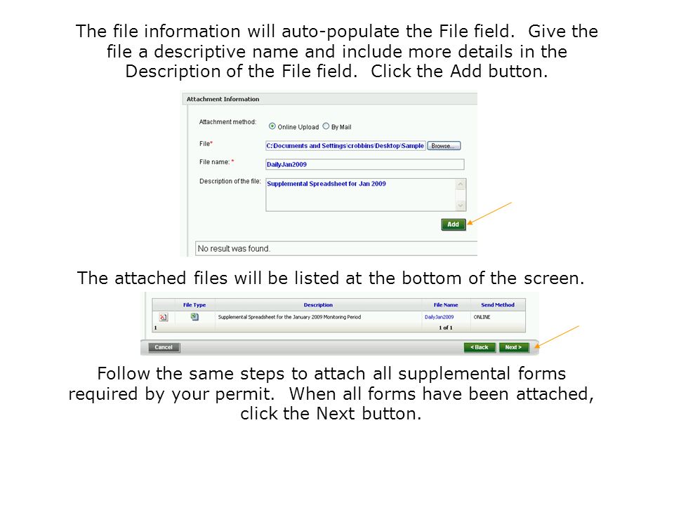The attached files will be listed at the bottom of the screen.