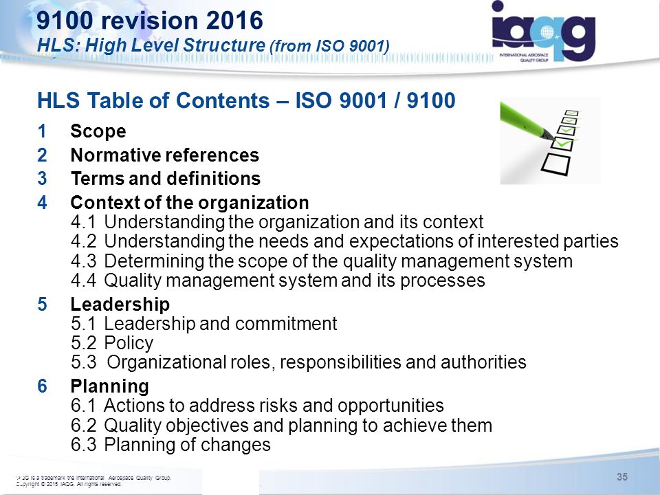 9100 revision 2016 HLS Table of Contents – ISO 9001 / 9100