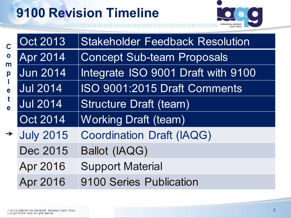 9100 Revision Timeline Oct 2013 Stakeholder Feedback Resolution