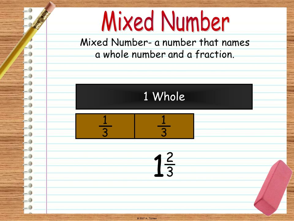 Mixed Number- a number that names a whole number and a fraction.